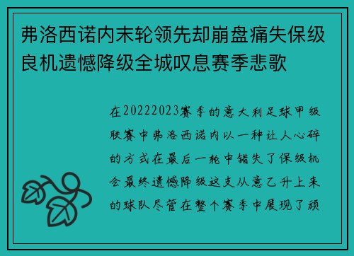 弗洛西诺内末轮领先却崩盘痛失保级良机遗憾降级全城叹息赛季悲歌